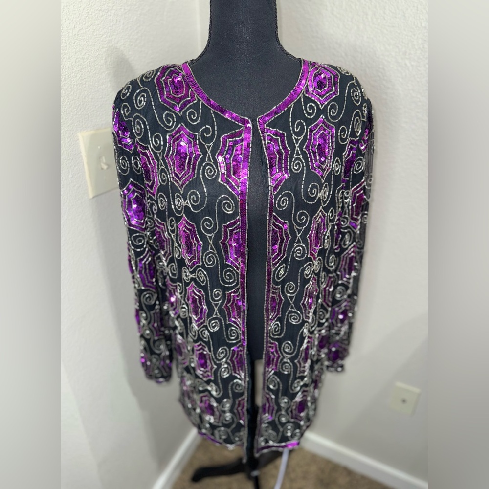Vintage Retro Glam Oversized Purple and Black Beaded‎ Sequin Jacket
